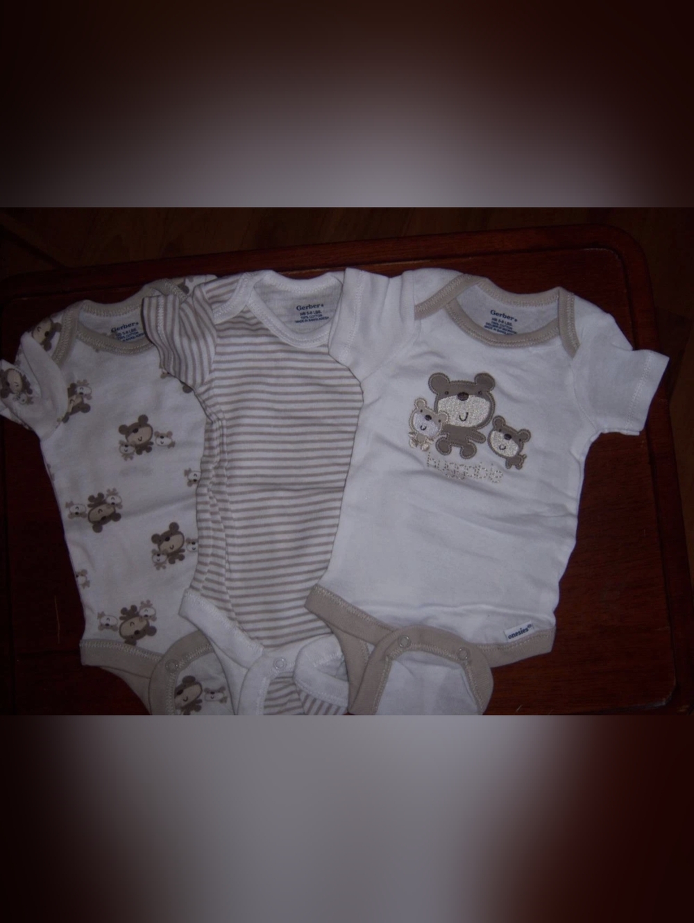 NWT Gerber Newborn Baby Onesies 3-Pack Bear Bodysuits Neutral Beige White